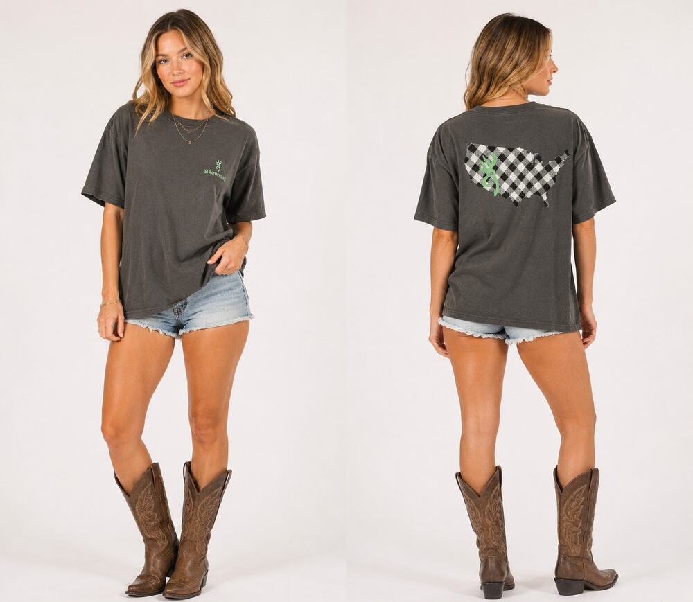 Browning Women's Graphic T-Shirt Tee Top Gray XL Buffalo Check Country Casual